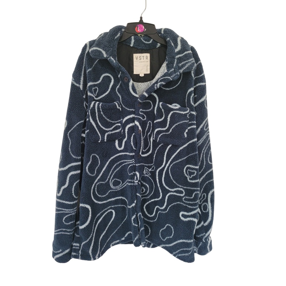 VSTR Premium Blue Abstract Topographic Sherpa‎ Fleece Shirt Jacket Mens L #13